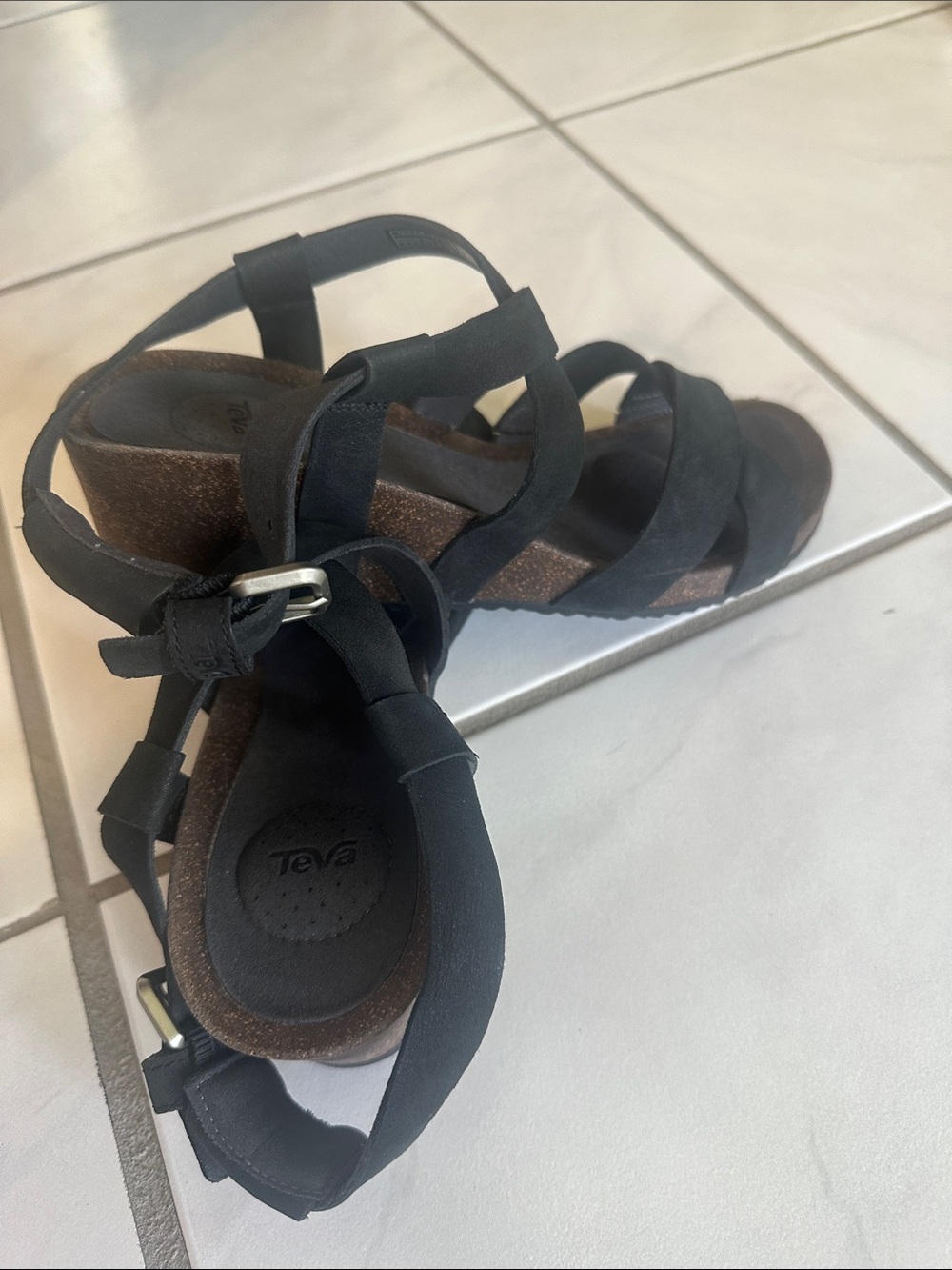 Teva Black Strappy Wedge Sandals with Buckle